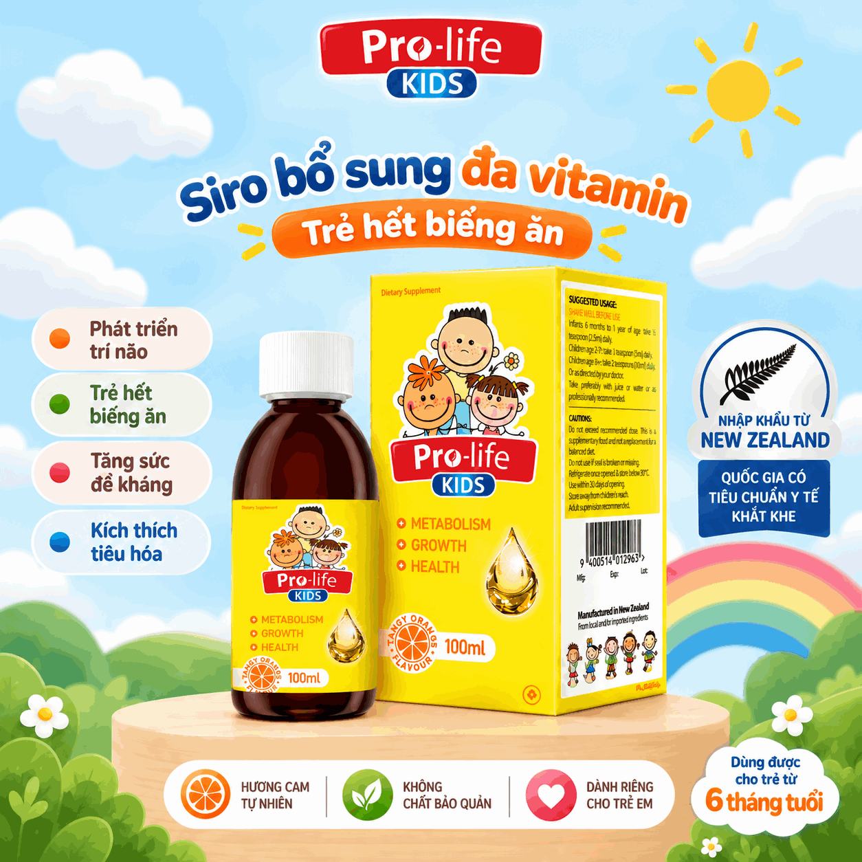 Siro bổ sung vitamin cho trẻ em PRO-LIFE KIDS Liquid Multi, nhập khẩu NEW ZEALAND, hộp 100ML